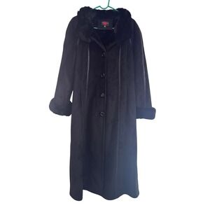 Penny Lane Y2K Faux Suede Coat Faux Fur Lined Black Women's Med Longline Jacket
